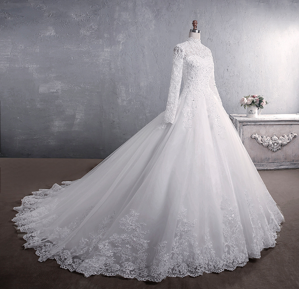 High Neck Lace Wedding Dresses Long Sleeve Ball Gown A Line Bridal Gowns